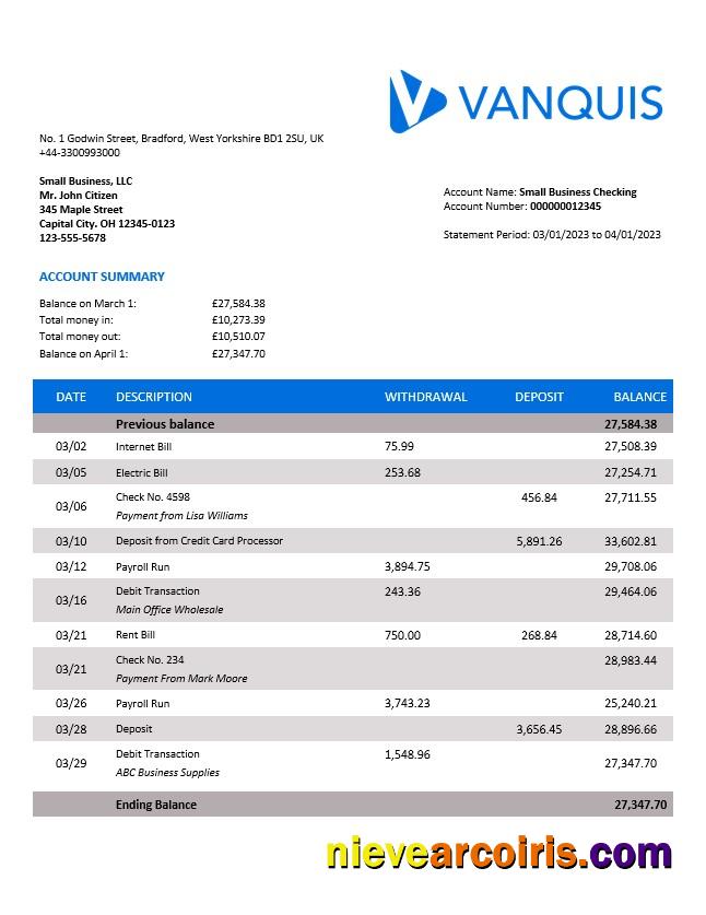 Vanquis Bank organization account statement